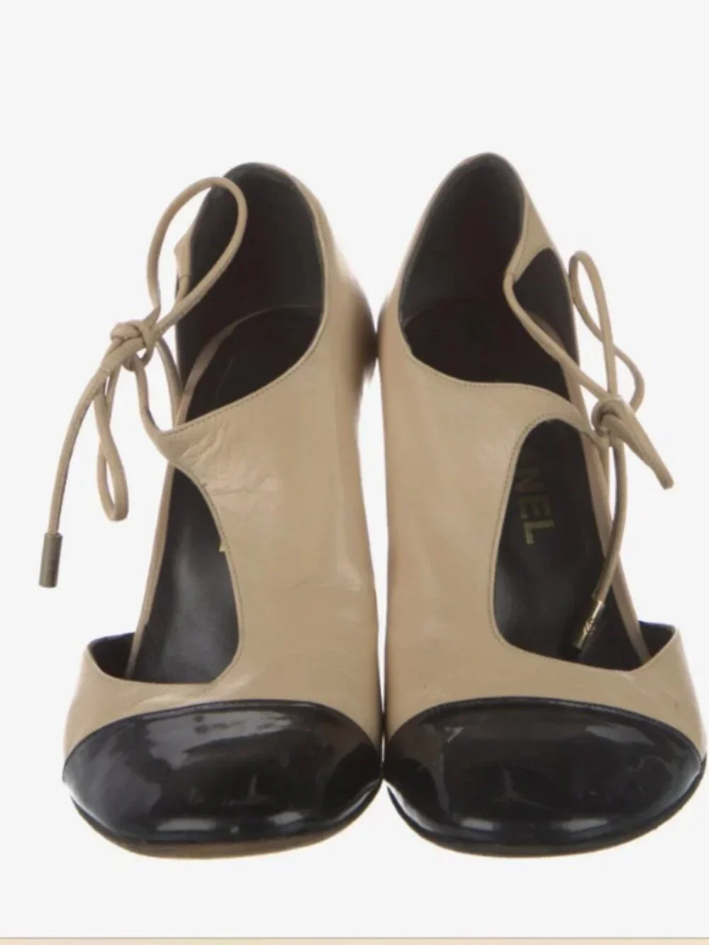 Chanel CC Two Tone Cutout Bootie Pumps Heels Beige Black Size 39 US 9